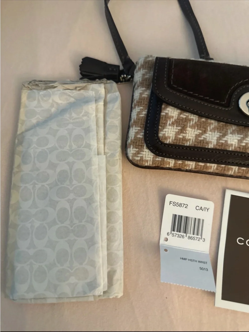 SOLD Coach Beige/Tan Wool Houndstooth Wristlet with Dark Brown Suede and Leather